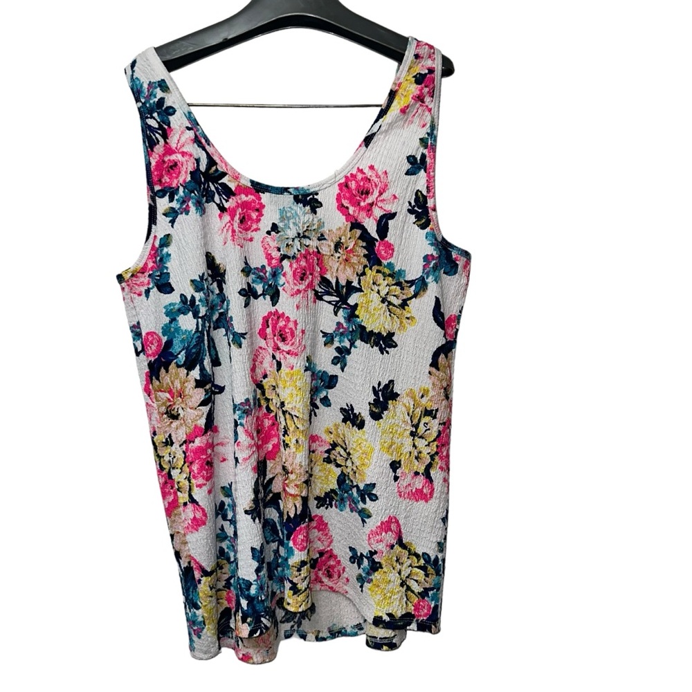 Torrid Top Women 3X Pink Yellow Blue Tank Floral Aloha Hawaiian Crinkle Gauzy